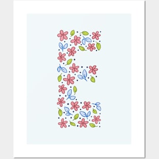 Floral Monogram Letter E - pink and blue Posters and Art